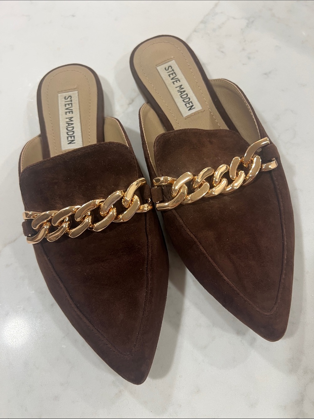 Steve Madden Brown Suede Pointed Mule with Gold Chain Detail